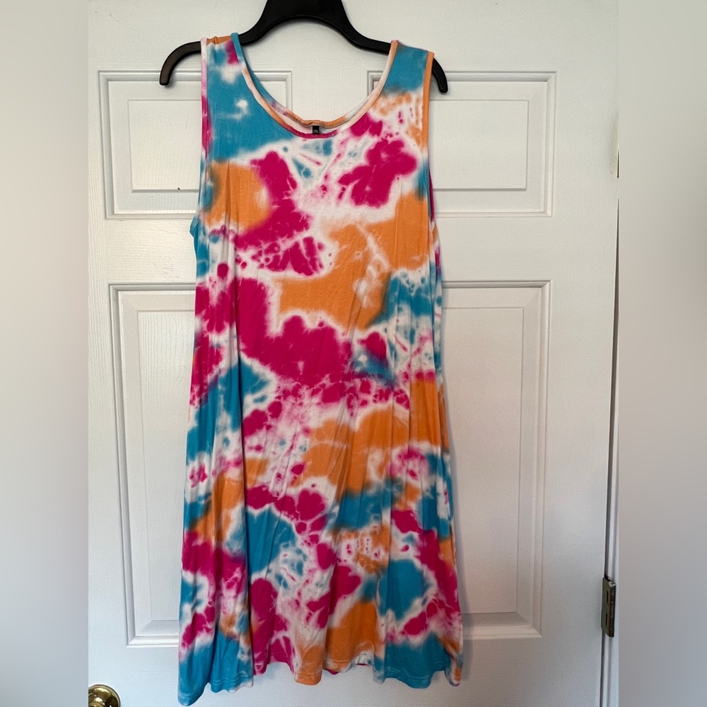 HAOMEILI 2XL Women's Summer Casual Tie Dye Swing T-Shirt  Dress with Pockets